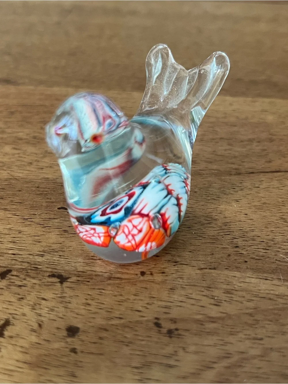 Clear Glass Decorative Bird Figurine with Blue and Red Accents